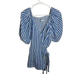 Old Navy Blouse Women's XL Blue Striped V-Neck Tie Puff Sleeve Wrap Casual Top